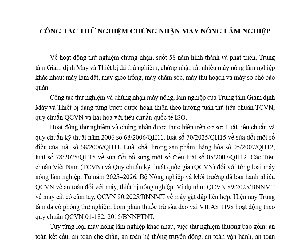 CÔNG TÁC THỬ NGHIỆM CHỨNG NHẬN MÁY NÔNG LÂM NGHIỆP